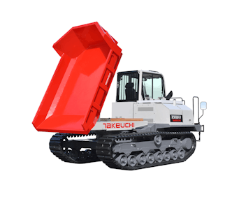 raupentransporter takeuchi tcr50 schraeg von hinten mit aufgeklappter mulde