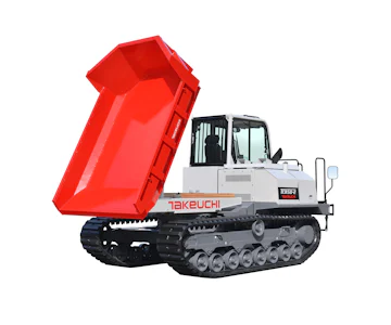 Raupentransporter Takeuchi TCR50 online mieten raupentransporter takeuchi tcr50 schraeg von hinten mit aufgeklappter mulde