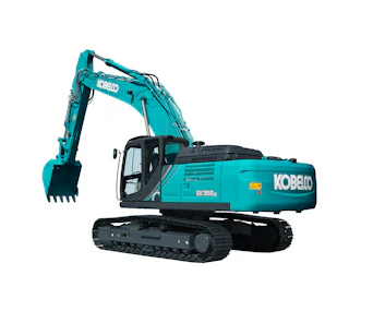 Raupenbagger Kobelco SK350 NLC online mieten raupenbagger kobelco sk350 von der linken hinteren seite
