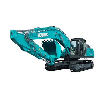 Raupenbagger Kobelco SK350 NLC online mieten raupenbagger kobelco sk350 schraeg von vorne