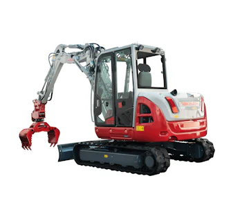 Midibagger Takeuchi TB370 online mieten Midibagger Takeuchi TB370 Ansicht schräg von hinten