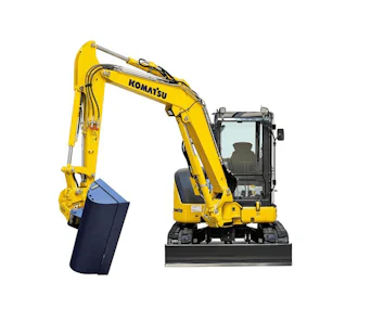 Midibagger Komatsu PC58MR online mieten midibagger komatsu pc58mr von vorne mit loeffel