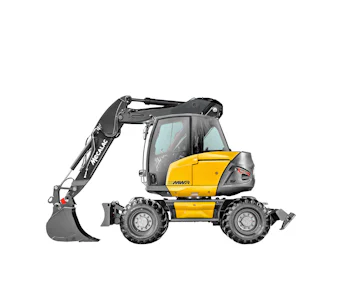 mobilbagger mecalac 15mwr  von der seite mit loeffel