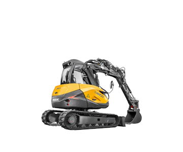 Midibagger Mecalac 6MCR online mieten midibagger mecalac 6mcr von hinten