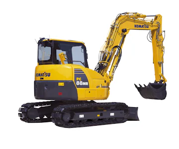 Midibagger Komatsu PC88MR online mieten midibagger komatsu pc88mr von hinten