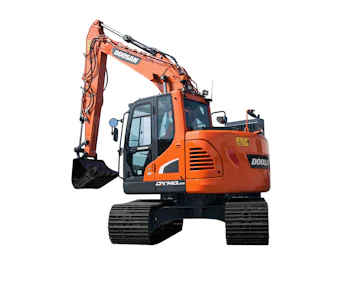 Raupenbagger Doosan DX140LCR online mieten raupenbagger doosan dx140lcr schraeg von hinten