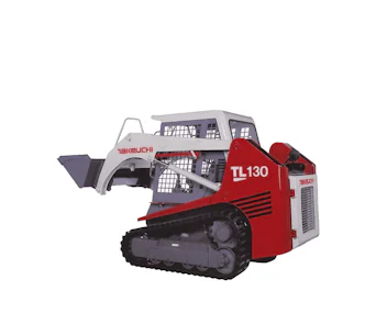 Kompaktkettenlader Takeuchi TL130 online mieten Kompaktkettenlader Takeuchi TL130 schraeg von hinten