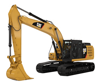 Hydraulikbagger Caterpillar CAT329E schraeg von vorne