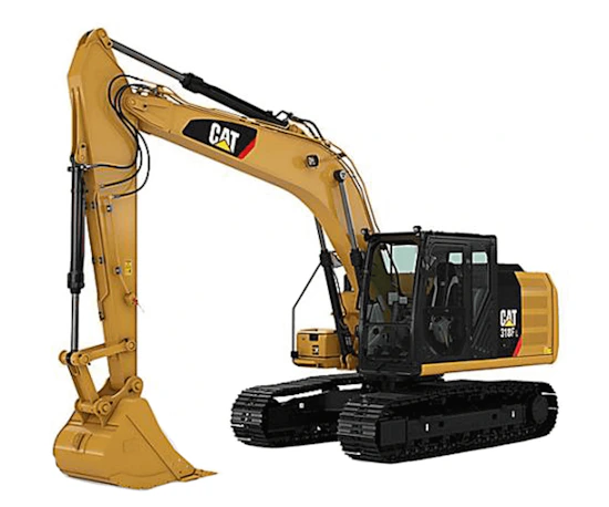 Hydraulikbagger Caterpillar CAT318FL online mieten Hydraulikbagger Caterpillar CAT318FL schraeg von vorne