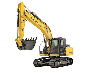 Raupenbagger New Holland E235B online mieten Raupenbagger New Holland E235B schraeg von vorne