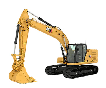 Hydraulikbagger Caterpillar CAT320 online mieten Hydraulikbagger Caterpillar CAT320 schraeg von vorne