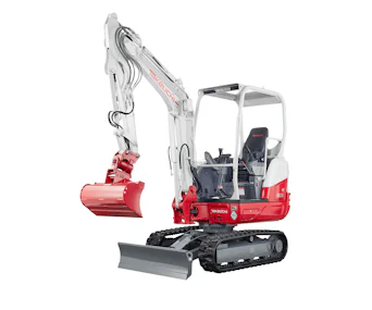 Minibagger Takeuchi TB 230 mit Schutzdach online mieten Minibagger Takeuchi TB 230 mit Schutzdach schräg von vorne