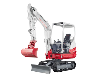 Minibagger Takeuchi TB 230 mit Schutzdach online mieten Minibagger Takeuchi TB 230 mit Schutzdach schräg von vorne