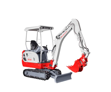 Minibagger Takeuchi TB 216 mit Schutzdach online mieten Minibagger Takeuchi TB 216 mit Schutzdach schräg von vorne