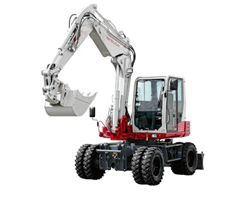 Mobilbagger Takeuchi TB1160W online mieten Mobilbagger Takeuchi TB1160W schraeg von vorne