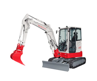 Minibagger Takeuchi TB335R online mieten Minibagger Takeuchi TB335R schraeg von vorne