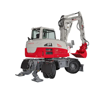 Mobilbagger Takeuchi TB395W online mieten Mobilbagger Takeuchi TB395W seitlich schräge Darstellung von hinten