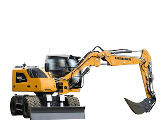 Mobilbagger Liebherr A 910 Compact online mieten Mobilbagger Liebherr A 910 Compact seitlich schräg von vorne