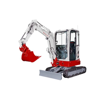 Minibagger Takeuchi TB325 R online mieten Minibagger Takeuchi TB325 R seitlich mit Martin Löffel