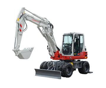 Mobilbagger Takeuchi TB395W online mieten Mobilbagger Takeuchi TB395W seitliche Darstellung