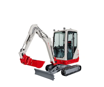 Minibagger Takeuchi TB320 online mieten Minibagger Takeuchi TB320 seitlich schräg von vorne