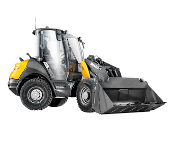 Schwenkradlader Mecalac AS750 online mieten Schwenkradlader Mecalac AS750 Seitenansicht