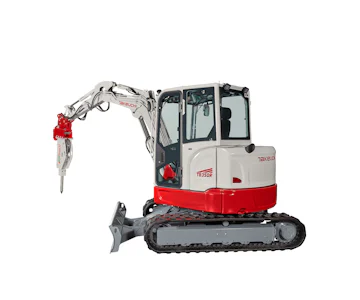 Midibagger Takeuchi TB350R online mieten Midibagger Takeuchi TB350R Seitenansicht mit Hydraulikhammer