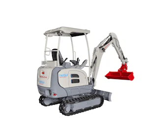Minibagger Takeuchi TB20e online mieten Minibagger Takeuchi TB20e schräg von hinten