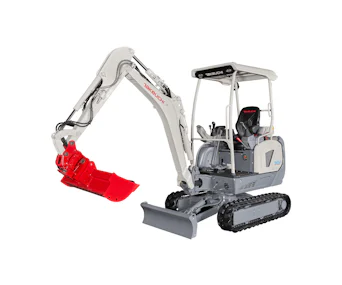 Minibagger Takeuchi TB20e online mieten Minibagger Takeuchi TB20e schräg von vorne