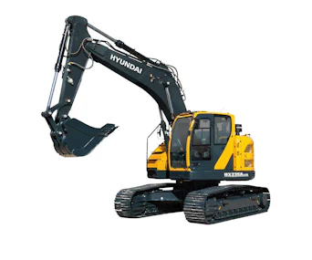 Raupenbagger Hyundai HX235A LCR online mieten Raupenbagger Hyundai HX235A LCR Ansicht seitlich von vorne