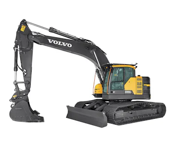 Raupenbagger Volvo ERC355E online mieten Raupenbagger Volvo ERC355E seitlich schräg dargestellt