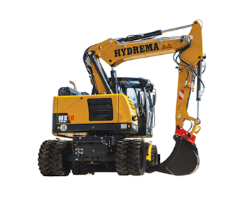 Mobilbagger Hydrema MX18G Ansicht von hinten mit gedrehter Kabine