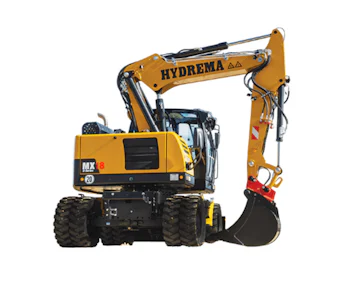 Mobilbagger Hydrema MX18G online mieten Mobilbagger Hydrema MX18G Ansicht von hinten mit gedrehter Kabine