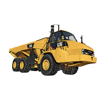 Muldenkipper Knickgelenk Caterpillar 730 online mieten Muldenkipper Knickgelenk Caterpillar 730 schraeg von vorne