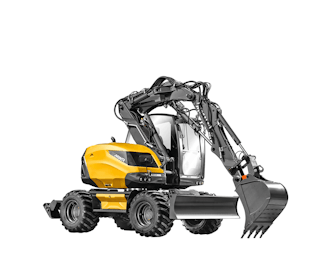 mobilbagger mecalac 15mwr von der seite mit loeffel