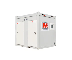 Sanitärcontainer MW10 von Mobilbox online mieten Sanitärcontainer MW10 von Mobilbox von außen mit Eingangstüren