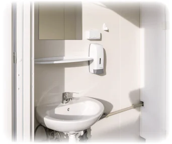 Sanitärcontainer MW10 von Mobilbox von innen mit Waschbecken