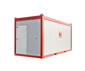 Sanitärcontainer MW20 von Mobilbox online mieten Sanitärcontainer MW20 von Mobilbox von außen mit Eingangstür