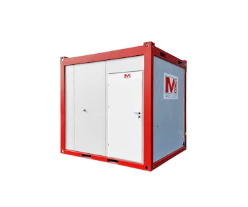 Sanitärcontainer MS10 von Mobilbox online mieten Sanitärcontainer MS10 von Mobilbox von außen mit Eingangstür
