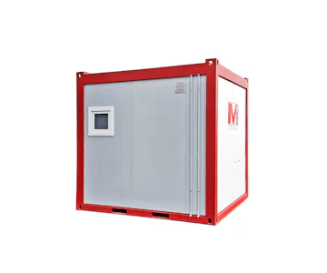 Sanitärcontainer MS10 von Mobilbox online mieten Sanitärcontainer MS10 von Mobilbox von hinten mit Fenster