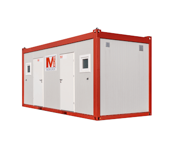 Sanitärcontainer MW23 von Mobilbox von außen mit Eingangstüren und Fenstern