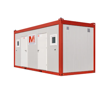 Sanitärcontainer MW23 von Mobilbox online mieten Sanitärcontainer MW23 von Mobilbox von außen mit Eingangstüren und Fenstern