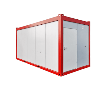 Sanitärcontainer MS20 von Mobilbox von der Seite mit Eingangstür