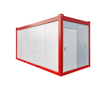 Sanitärcontainer MS20 von Mobilbox online mieten Sanitärcontainer MS20 von Mobilbox von der Seite mit Eingangstür