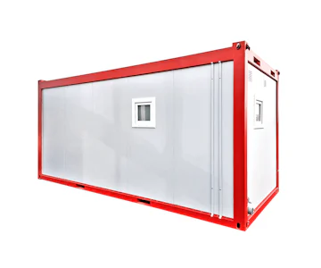 Sanitärcontainer MS20 von Mobilbox online mieten Sanitärcontainer MS20 von Mobilbox von der Seite mit Fenstern