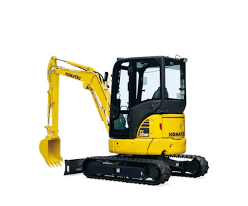 Minibagger Komatsu PC38MR-5 online mieten Minibagger Komatsu PC38MR-5 schräg von der Seite