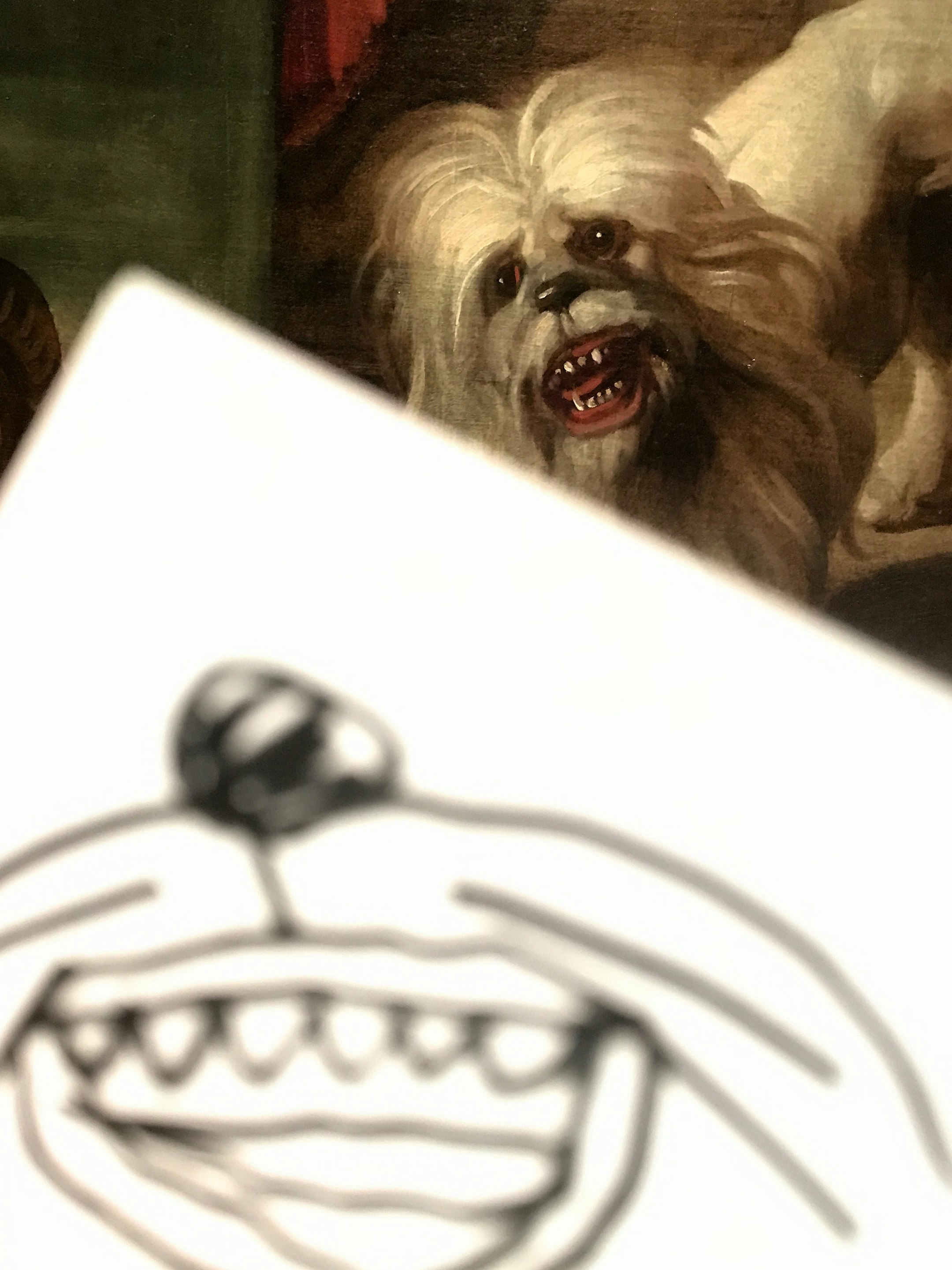 Im Vordergrund ist eine Skizze mit schwarzem Stift auf weissem Papier sichtbar, im Hintergrund einen Hund.