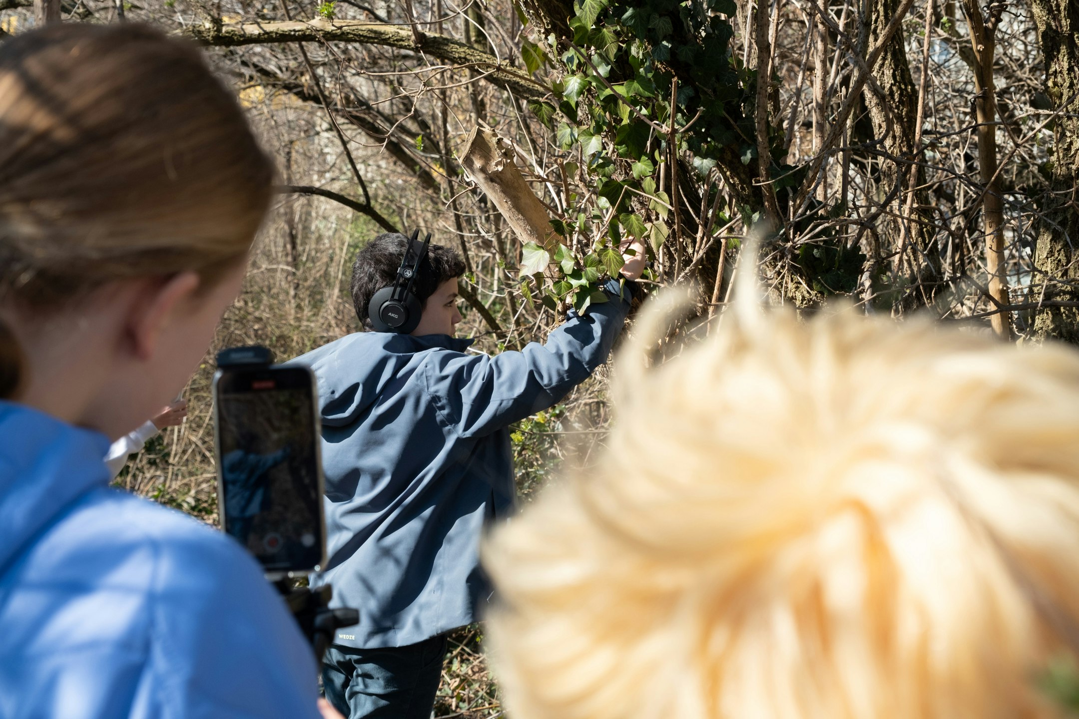 Aufnahmesetting Film draussen zwischen Ästen und Bäumen