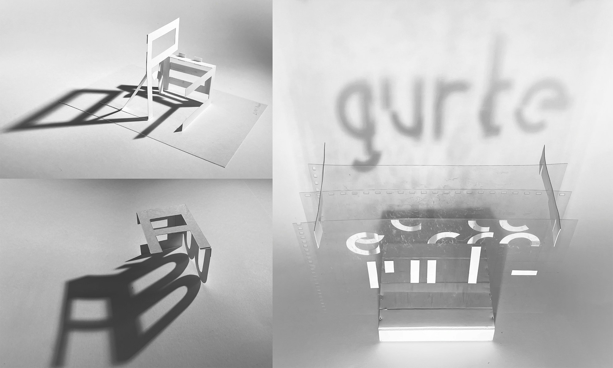 Ich habe mit räumlicher Typografie, Schatten und Licht experimentiert. Die Kernidee war, ein Wort zu entwickeln, das nur sichtbar ist, wenn Licht aus dem richtigen Winkel darauf fällt. Fotografie