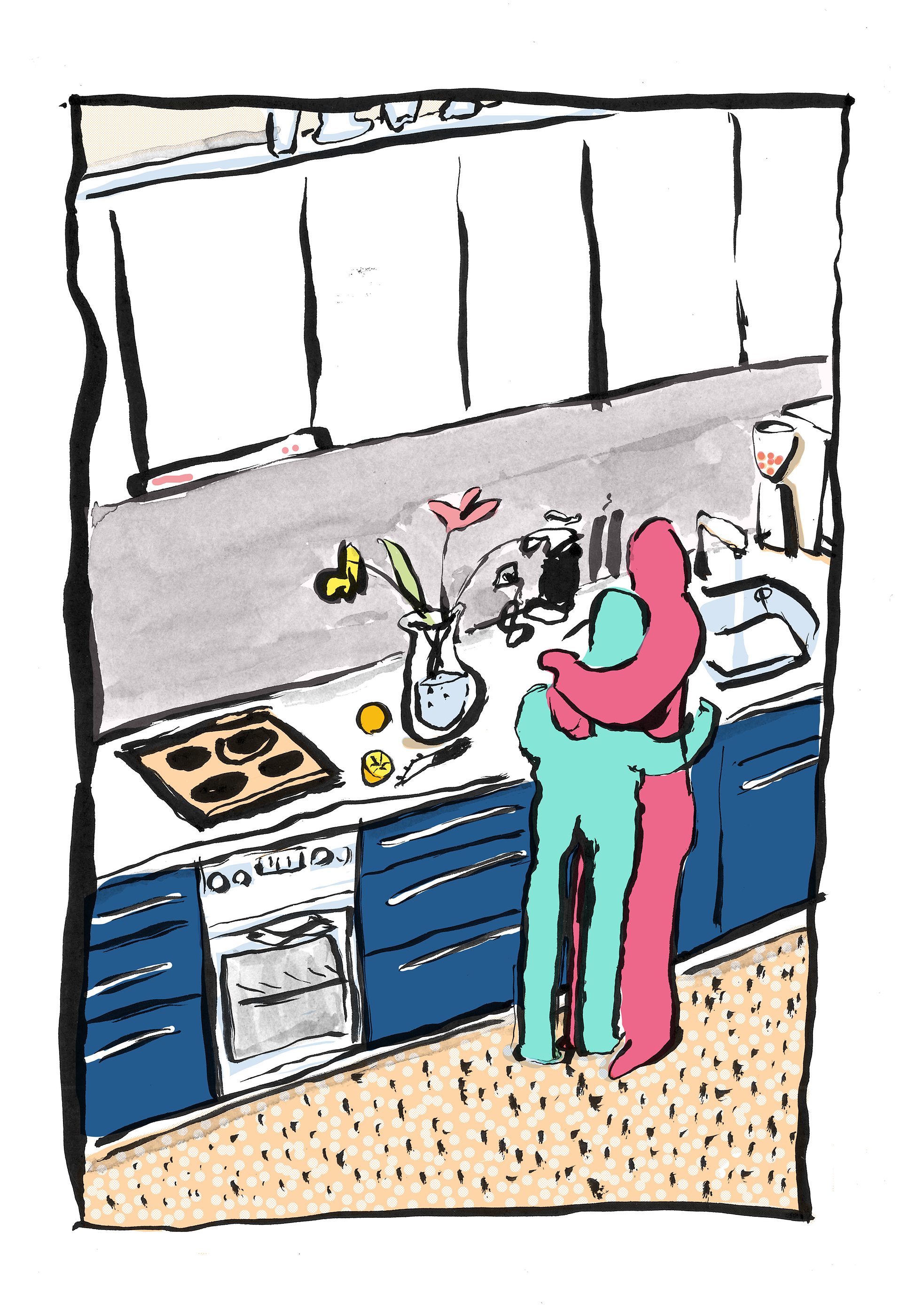 (2025, SfG Basel, Illustration Druck), Tusche und digital; «Umarmung in der Küche – Oetlinger» Malerei